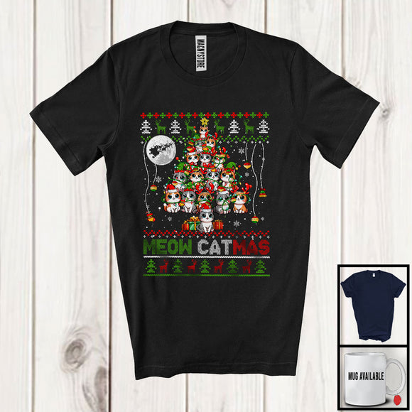 MacnyStore - Meow Catmas; Adorable Christmas Tree Lights Santa Cat Owner; Snowing Sweater Family Group T-Shirt