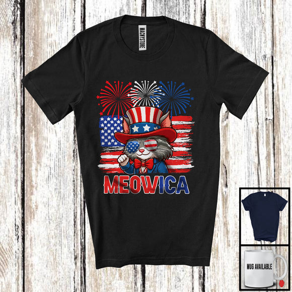 MacnyStore - Meowica, Humorous 4th Of July Cat Wearing Sunglasses, Fireworks American Flag Patriotic T-Shirt