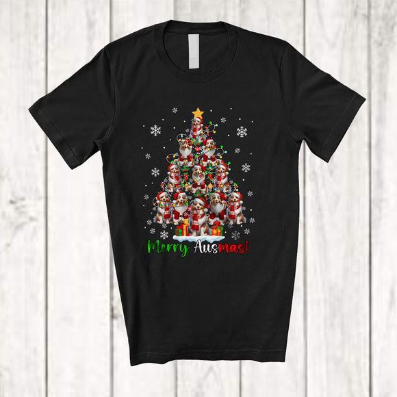 MacnyStore - Merry Ausmas; Wonderful Christmas Tree Santa Aussie; X-mas Lights Australian Shepherd T-Shirt