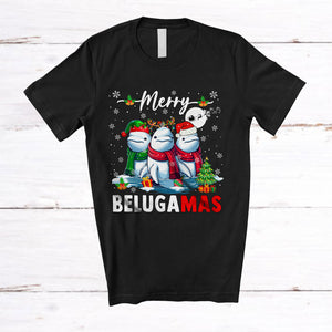 MacnyStore - Merry Belugamas; Amusing Christmas Snow Three Santa Reindeer Beluga Whale; Sea Animal T-Shirt