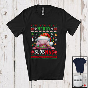 MacnyStore - Merry Blobmas; Lovely Christmas Lights Santa Blobfish Fisher Lover; Fishing X-mas Sweater T-Shirt