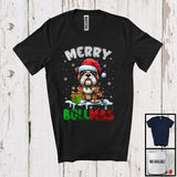 MacnyStore - Merry Bullmas; Adorable Christmas Santa English Bulldog; X-mas Lights Snowing Family Group T-Shirt