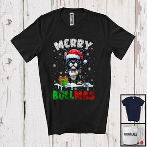 MacnyStore - Merry Bullmas; Adorable Christmas Santa French Bulldog; X-mas Lights Snowing Family Group T-Shirt