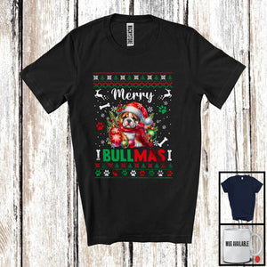 MacnyStore - Merry Bullmas; Adorable Christmas Sweater Bulldog Santa; X-mas Ornaments Snowing Around T-Shirt