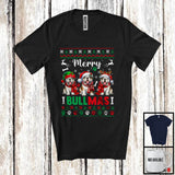 MacnyStore - Merry Bullmas; Adorable Christmas Sweater Three Bulldogs; X-mas Ornaments Snowing Around T-Shirt