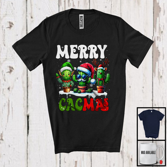 MacnyStore - Merry Cacmas; Adorable Christmas Snow Plaid Santa Reindeer ELF Cactus; X-mas Snowing T-Shirt