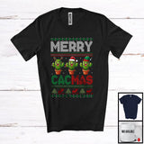 MacnyStore - Merry Cacmas; Amazing Christmas Sweater Three Santa Elf Reindeer Cactus; Vegan T-Shirt