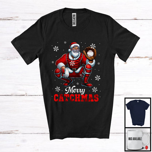 MacnyStore - Merry Catchmas; Awesome Christmas Santa Playing Baseball; Catcher Sport Player Team T-Shirt