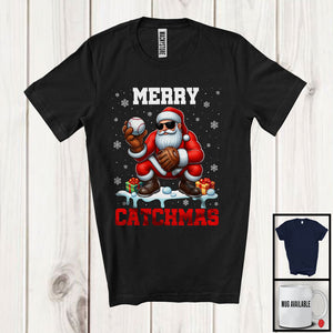 MacnyStore - Merry Catchmas; Awesome Christmas Snowing Santa Playing Baseball; Catcher Sport Team T-Shirt