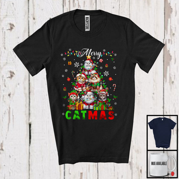 MacnyStore - Merry Catmas; Humorous Christmas Reindeer Elf Santa Cat Christmas Tree; X-mas Animal Lover T-Shirt