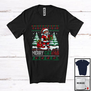 MacnyStore - Merry Catmas; Humorous Christmas Sweater Cat Santa With X-mas Tree; Family Group T-Shirt