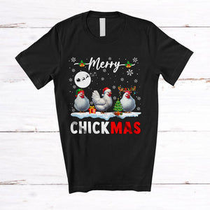 MacnyStore - Merry Chickmas; Amusing Christmas Snow Three  Santa Elf Reindeer Chicken; Farm Farmer T-Shirt