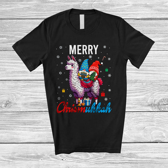 MacnyStore - Merry Chrismukkah; Adorable Christmas Tree Hanukkah Menorah Two Gnomes Riding Llama T-Shirt