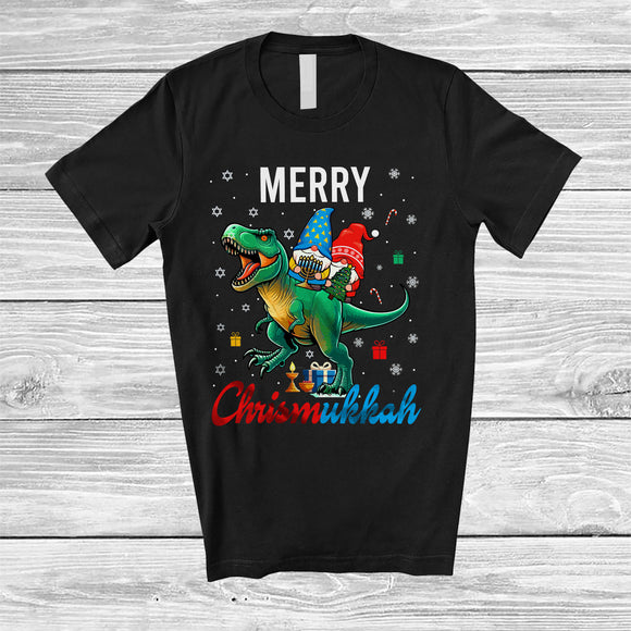 MacnyStore - Merry Chrismukkah; Adorable Christmas Tree Hanukkah Menorah Two Gnomes Riding T Rex T-Shirt