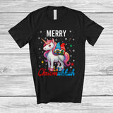 MacnyStore - Merry Chrismukkah; Adorable Christmas Tree Hanukkah Menorah Two Gnomes Riding Unicorn T-Shirt