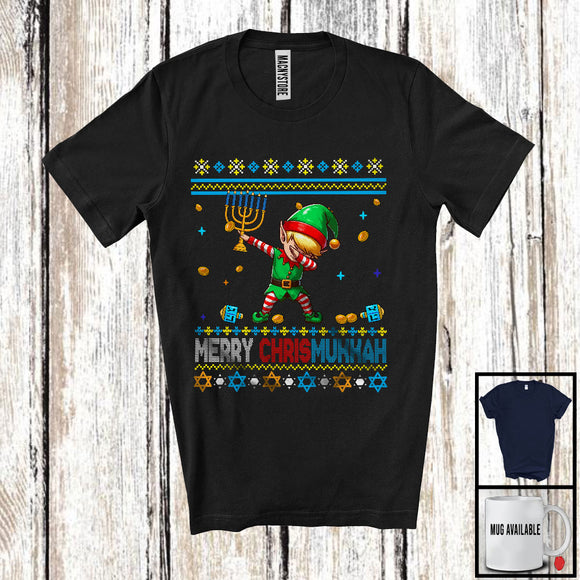 MacnyStore - Merry Chrismukkah; Joyful Christmas Hanukkah Sweater Dabbing Elf; Holding Menorah Family T-Shirt