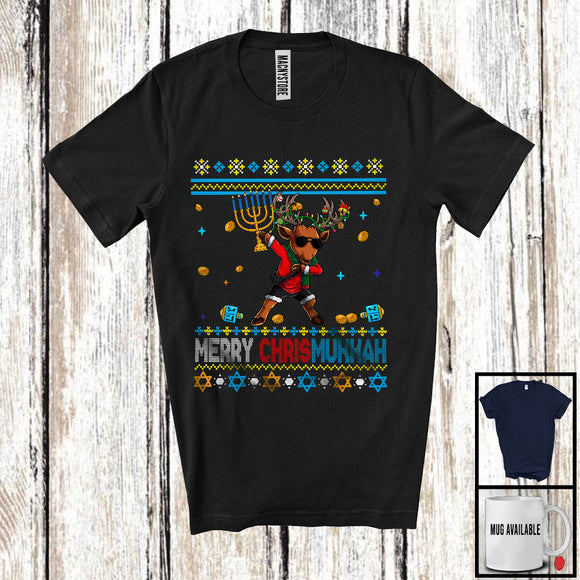 MacnyStore - Merry Chrismukkah; Joyful Christmas Hanukkah Sweater Dabbing Reindeer; Holding Menorah Family T-Shirt