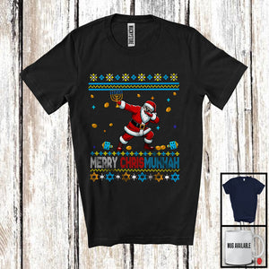 MacnyStore - Merry Chrismukkah; Joyful Christmas Hanukkah Sweater Dabbing Santa; Holding Menorah Family T-Shirt