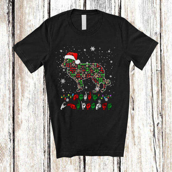 MacnyStore - Merry Christmas ASL; Adorable X-mas Border Collie Shape Plaid Paws; Sign Language Family T-Shirt