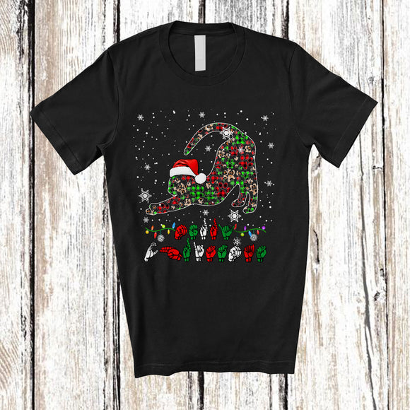 MacnyStore - Merry Christmas ASL; Adorable X-mas Cat Shape Plaid Paws; Sign Language Family T-Shirt