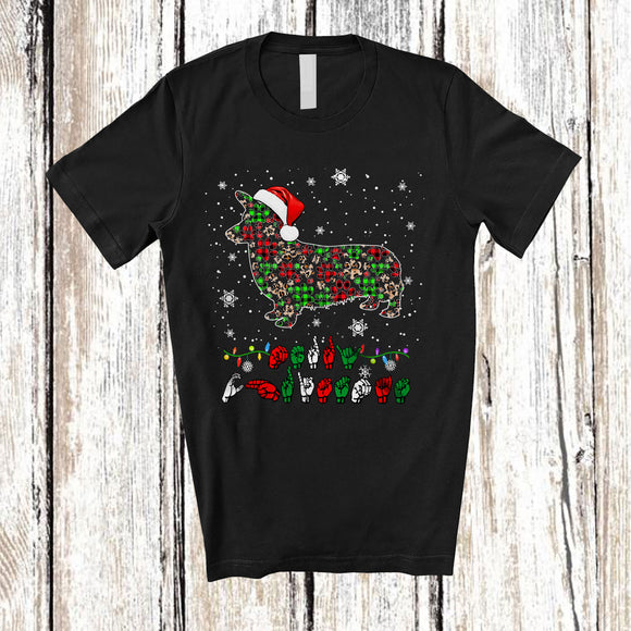 MacnyStore - Merry Christmas ASL; Adorable X-mas Corgi Shape Plaid Paws; Sign Language Family T-Shirt