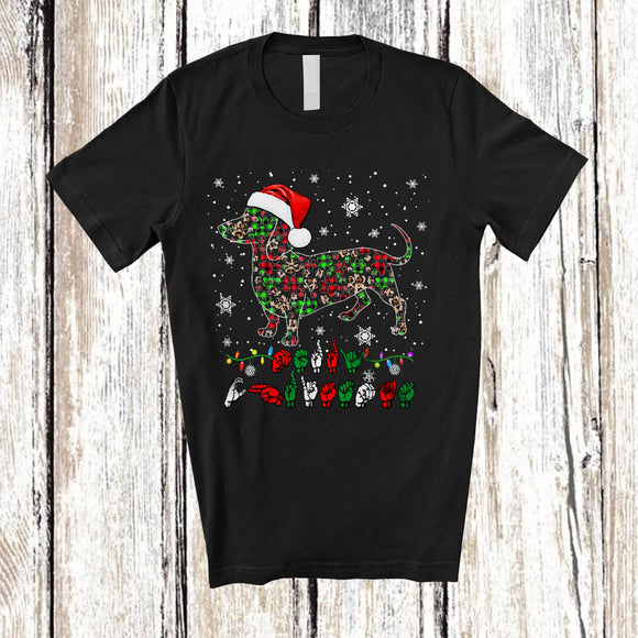 MacnyStore - Merry Christmas ASL; Adorable X-mas Dachshund Shape Plaid Paws; Sign Language Family T-Shirt