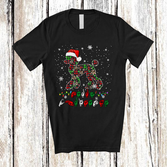 MacnyStore - Merry Christmas ASL; Adorable X-mas Poodle Shape Plaid Paws; Sign Language Family T-Shirt