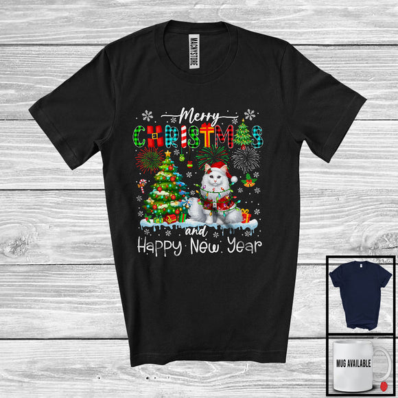 MacnyStore - Merry Christmas And Happy New Year; Colorful X-mas Tree Plaid Santa Cat; Animal Lover T-Shirt