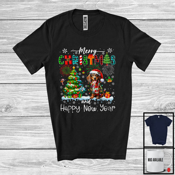 MacnyStore - Merry Christmas And Happy New Year; Colorful X-mas Tree Plaid Santa Dachshund; Animal Lover T-Shirt