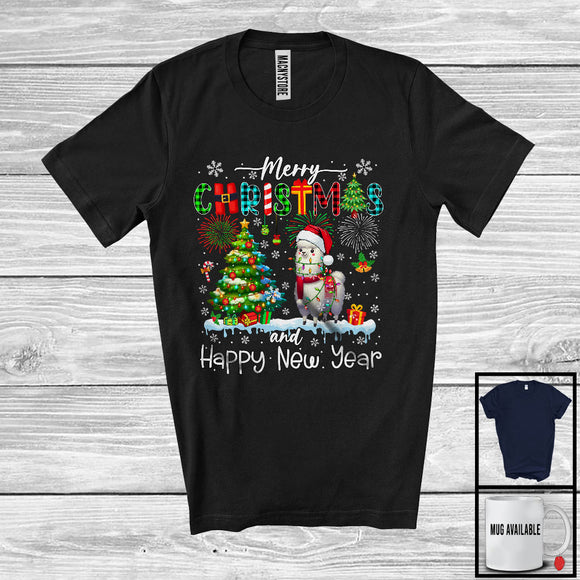 MacnyStore - Merry Christmas And Happy New Year; Colorful X-mas Tree Plaid Santa Llama; Animal Lover T-Shirt