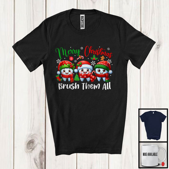 MacnyStore - Merry Christmas Brush Them All; Adorable X-mas Three Teeth Tooth; Dental Assistant Dentist T-Shirt