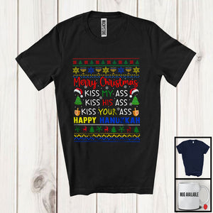 MacnyStore - Merry Christmas Kiss My Ass His Ass; Sarcastic Hanukkah Sweater Santa Dreidel; X-mas Snowing T-Shirt