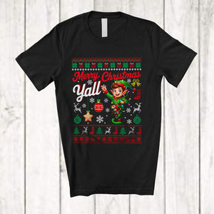 MacnyStore - Merry Christmas Yall; Cheerful X-mas Lights Elf Snowing Around; Sweater Family Group T-Shirt