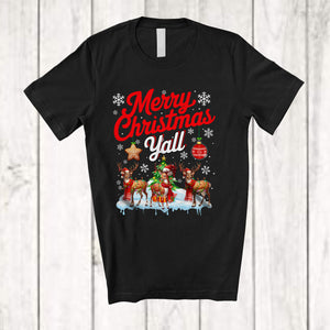 MacnyStore - Merry Christmas Yall; Cheerful X-mas Lights Reindeer Snowing Around; Matching Family Group T-Shirt