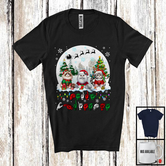 MacnyStore - Merry Christmas; Adorable Three ASL Cats Lover; X-mas Moon Language Family Group T-Shirt