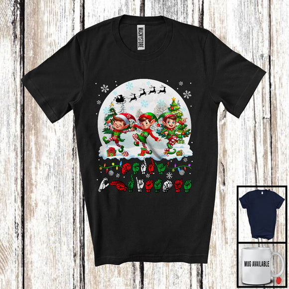 MacnyStore - Merry Christmas; Adorable Three ASL Elves Lover; X-mas Moon Language Family Group T-Shirt