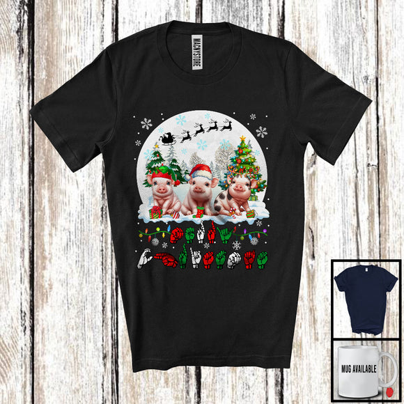 MacnyStore - Merry Christmas; Adorable Three ASL Pigs Lover; X-mas Moon Language Family Group T-Shirt