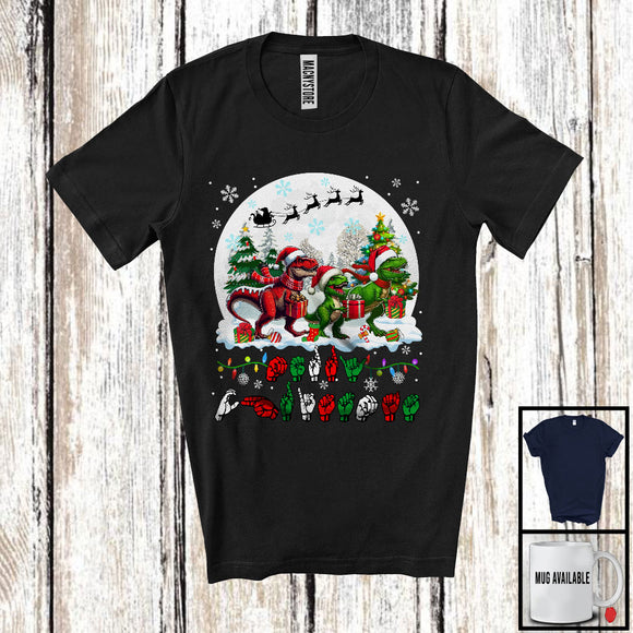 MacnyStore - Merry Christmas; Adorable Three ASL T-Rex Lover; X-mas Moon Language Family Group T-Shirt