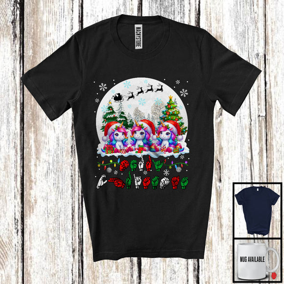 MacnyStore - Merry Christmas; Adorable Three ASL Unicorns Lover; X-mas Moon Language Family Group T-Shirt