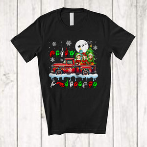 MacnyStore - Merry Christmas; Adorable X-mas ASL Three Elf On Pickup Truck; Hand Sign Language Family T-Shirt