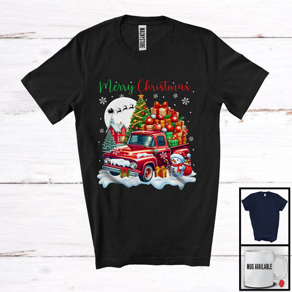 MacnyStore - Merry Christmas; Adorable X-mas Tree Present Box On Pickup Truck; Snowman Snowing T-Shirt