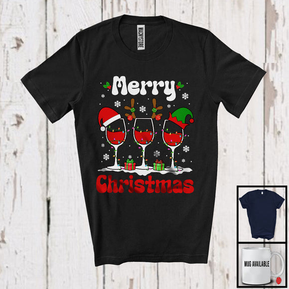 MacnyStore - Merry Christmas; Amazing X-mas Lights Three Wine Glasses Snowing; Drinking Drunker Group T-Shirt