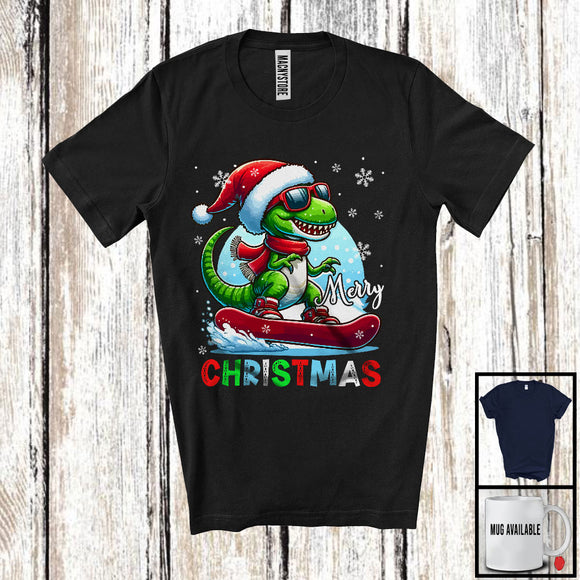 MacnyStore - Merry Christmas, Amazing X-mas Santa T-Rex Snowboarding, Dinosaur Lover Family Group T-Shirt