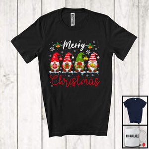 MacnyStore - Merry Christmas; Amusing X-mas Group Of Four Gnomes Snowing; Gnomies Squad Family T-Shirt