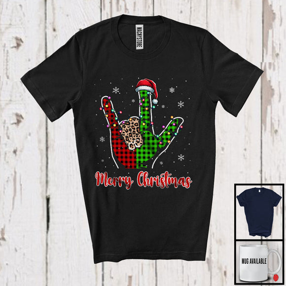 MacnyStore - Merry Christmas; Awesome X-mas Lights Santa Leopard Plaid Rock Hand; ASL Sign Language T-Shirt