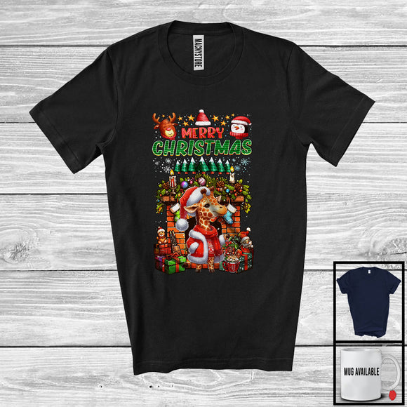 MacnyStore - Merry Christmas; Cheerful X-mas Socks Fireplace Santa Giraffe Lover; Snow Family Group T-Shirt