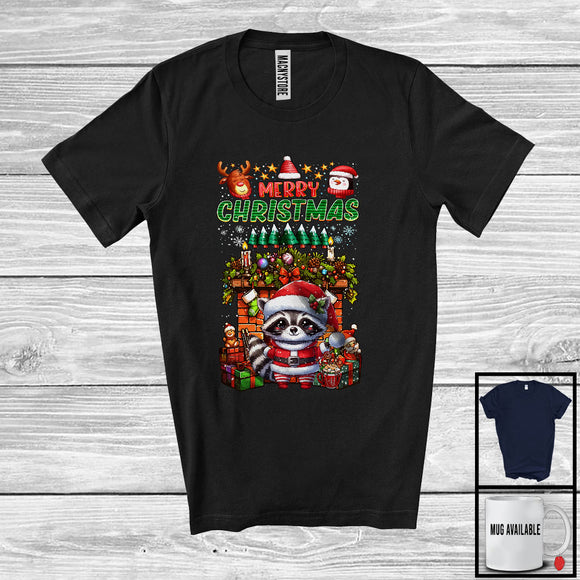 MacnyStore - Merry Christmas; Cheerful X-mas Socks Fireplace Santa Raccoon Lover; Snow Family Group T-Shirt