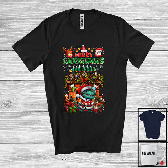 MacnyStore - Merry Christmas; Cheerful X-mas Socks Fireplace Santa T-Rex Lover; Snow Family Group T-Shirt