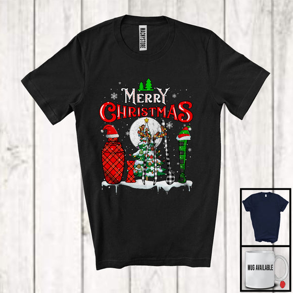 MacnyStore - Merry Christmas, Cheerful X-mas Three Plaid Bartender Tools Santa Elf Reindeer, Proud Careers T-Shirt