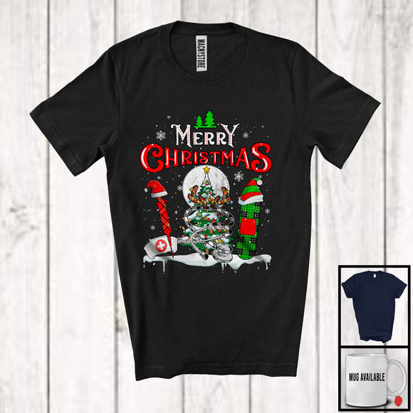 MacnyStore - Merry Christmas, Cheerful X-mas Three Plaid Nurse Tools Santa Elf Reindeer, Proud Careers T-Shirt